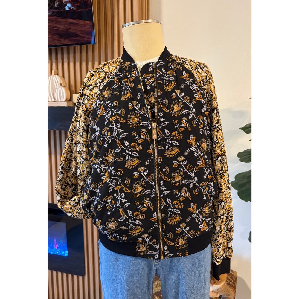 Michael Kors Floral Bomber Jacket Size Small Black Gold Zip Front